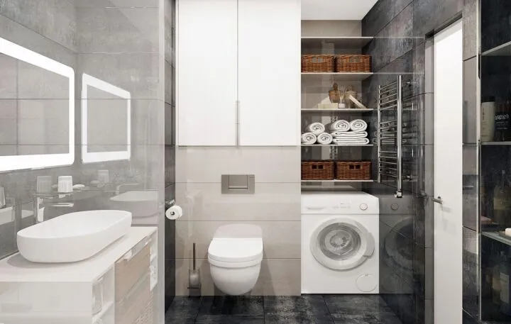 Шкаф над унитазом предоставляет возможность организовать места хранения в ванной комнате