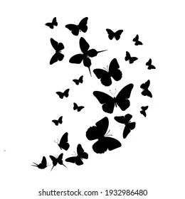 Flock of silhouette black butterflies on white background. Vector